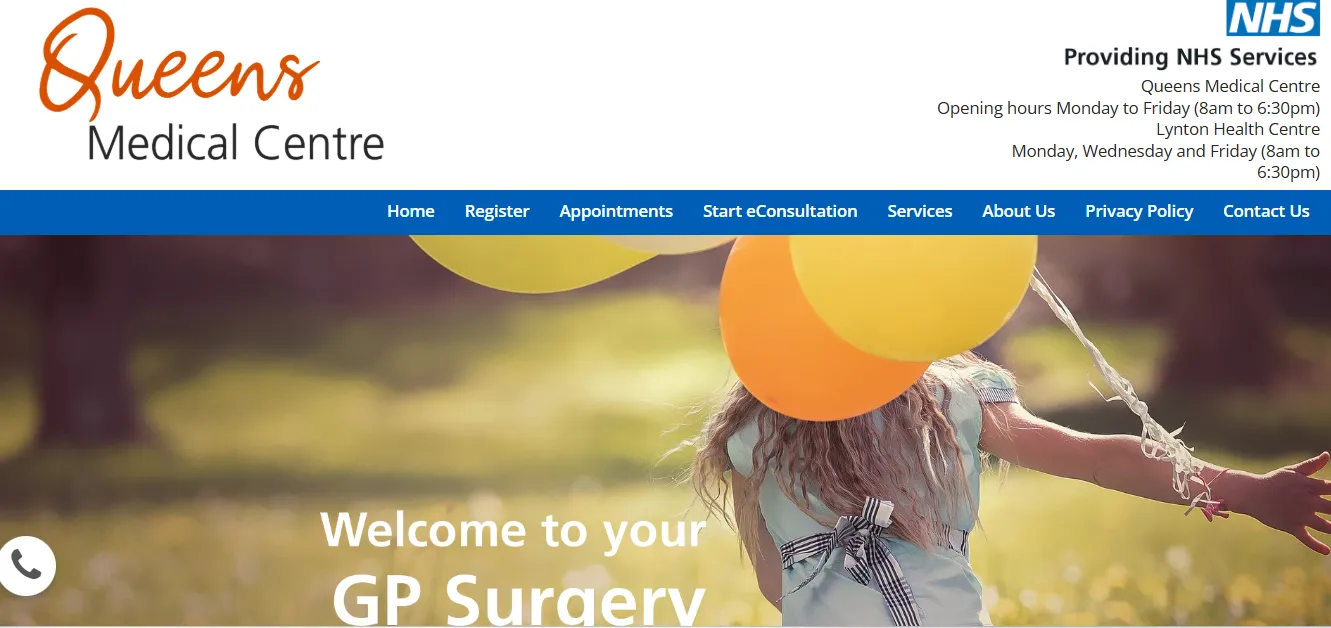 Queens Medical Centre Barnstaple official website showing address phone number and opening hours reference