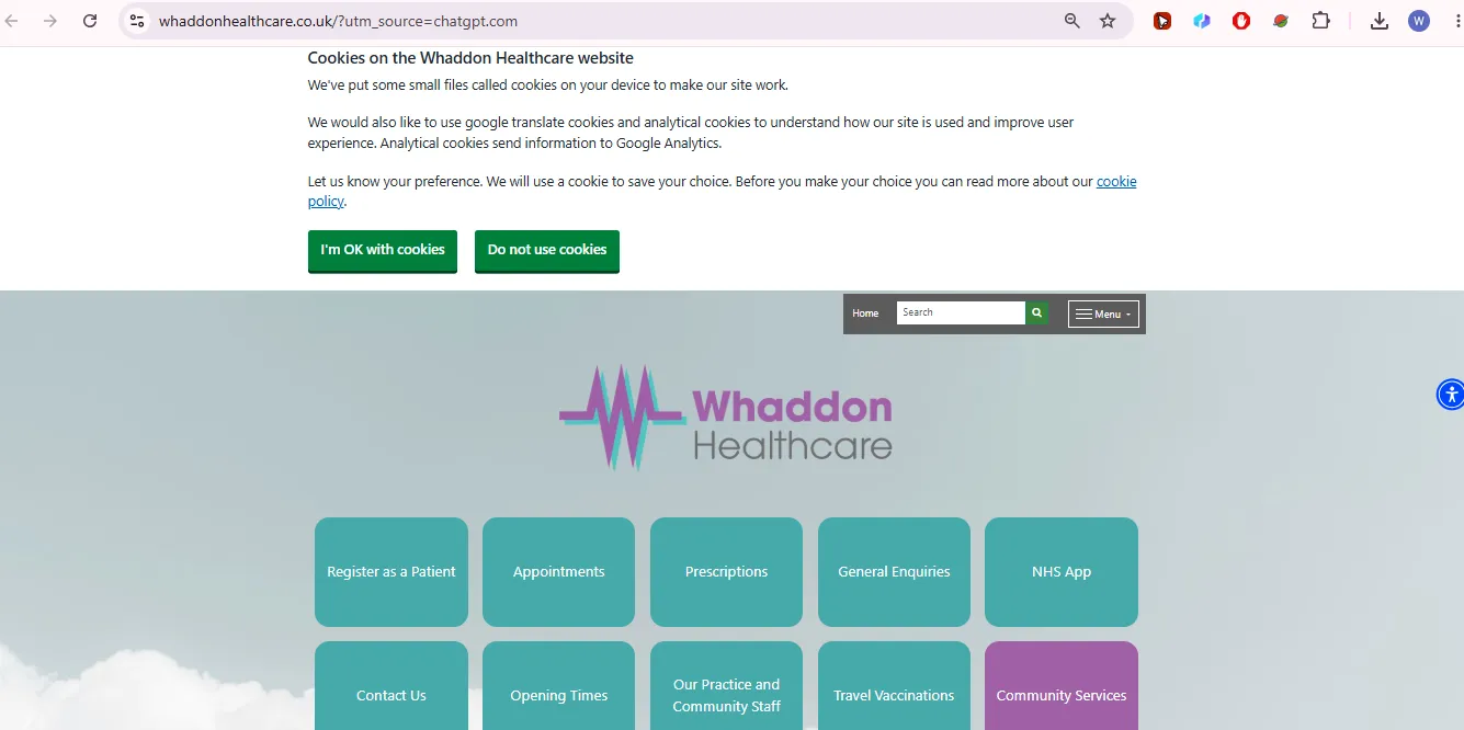 Whaddon Medical Centre official opening times page showing hours phone address and NHS 111 guidance