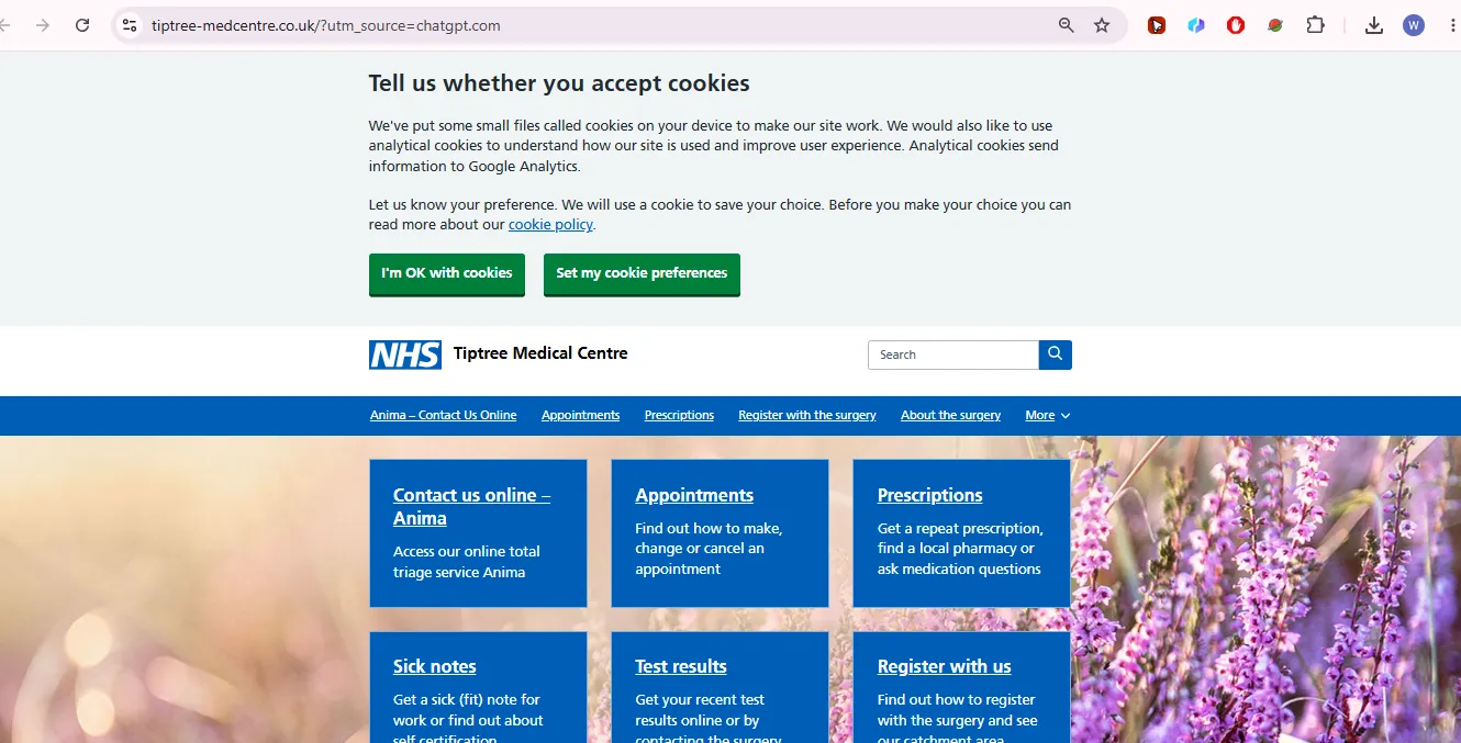 Tiptree Medical Centre Anima online triage page for same-day NHS GP requests in 2026