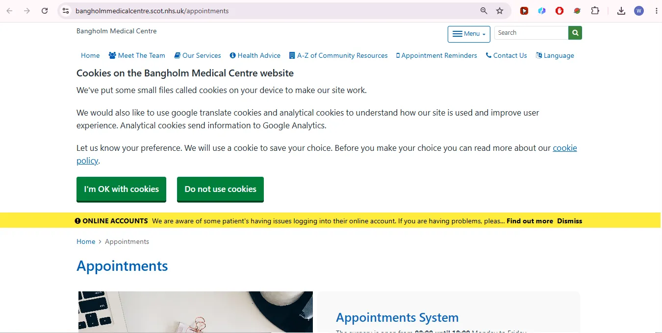 Bangholm Medical Centre appointment booking and opening hours page for NHS GP patients in Edinburgh
