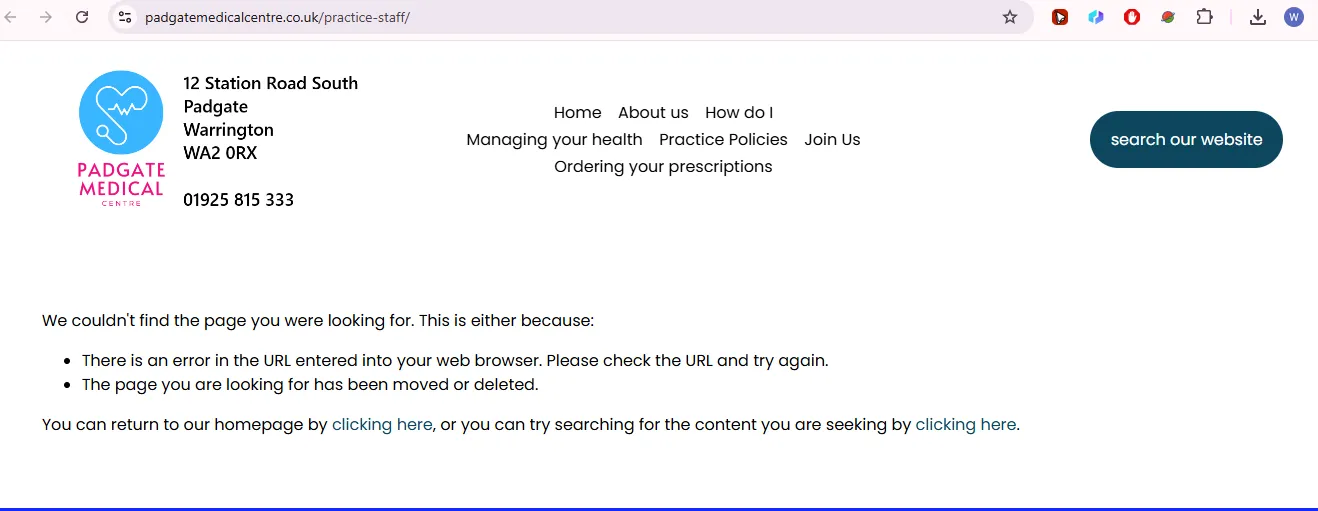 Padgate Medical Centre GP doctors and practice staff page for NHS patients in Warrington
