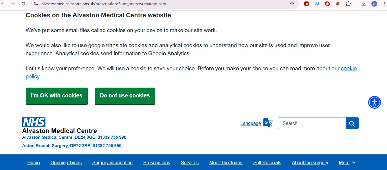 Alvaston Medical Centre repeat prescription online ordering page for NHS patients in Derby